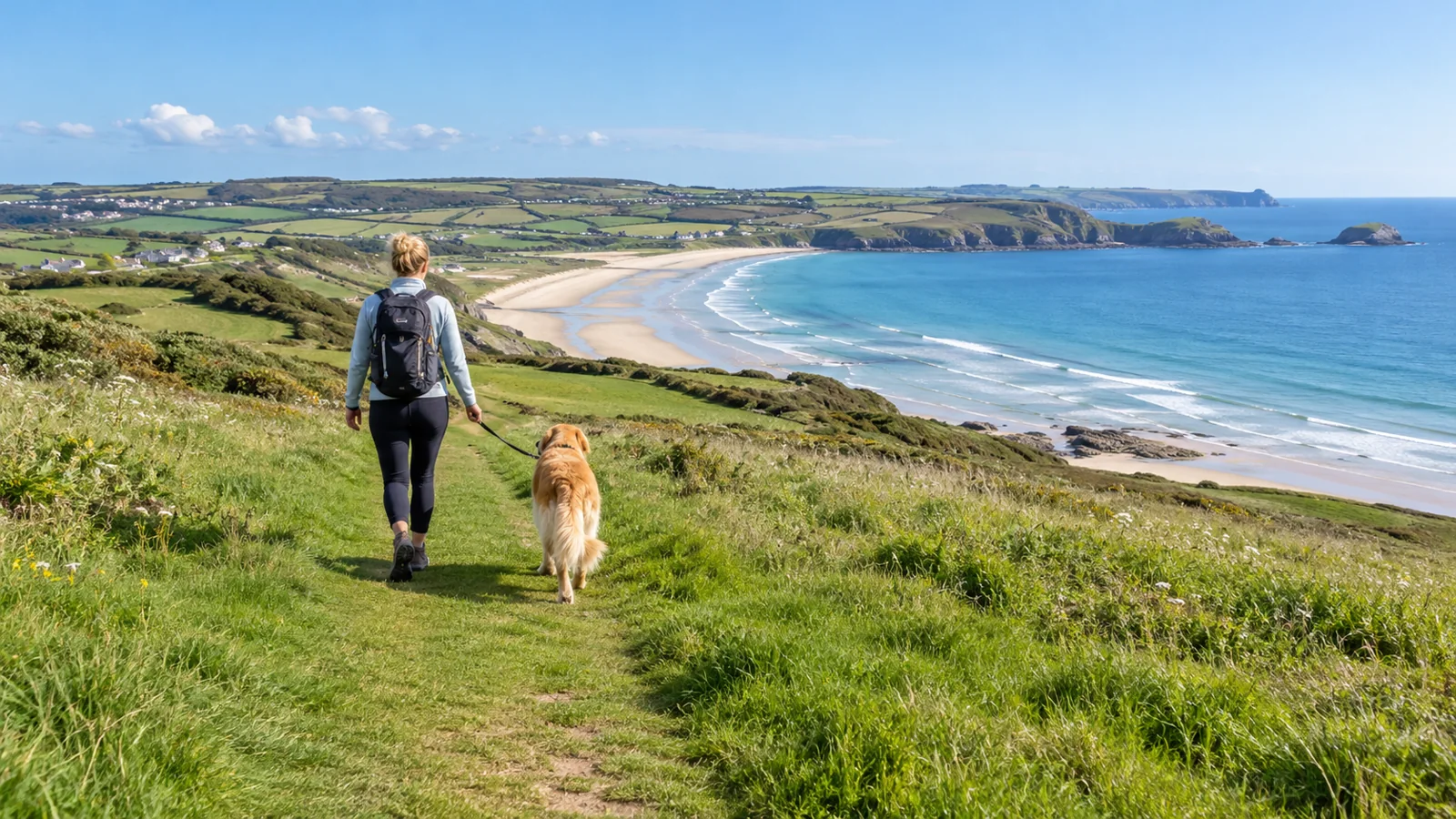 Owner walking a dog on a lead along a coastal path — illustrative image