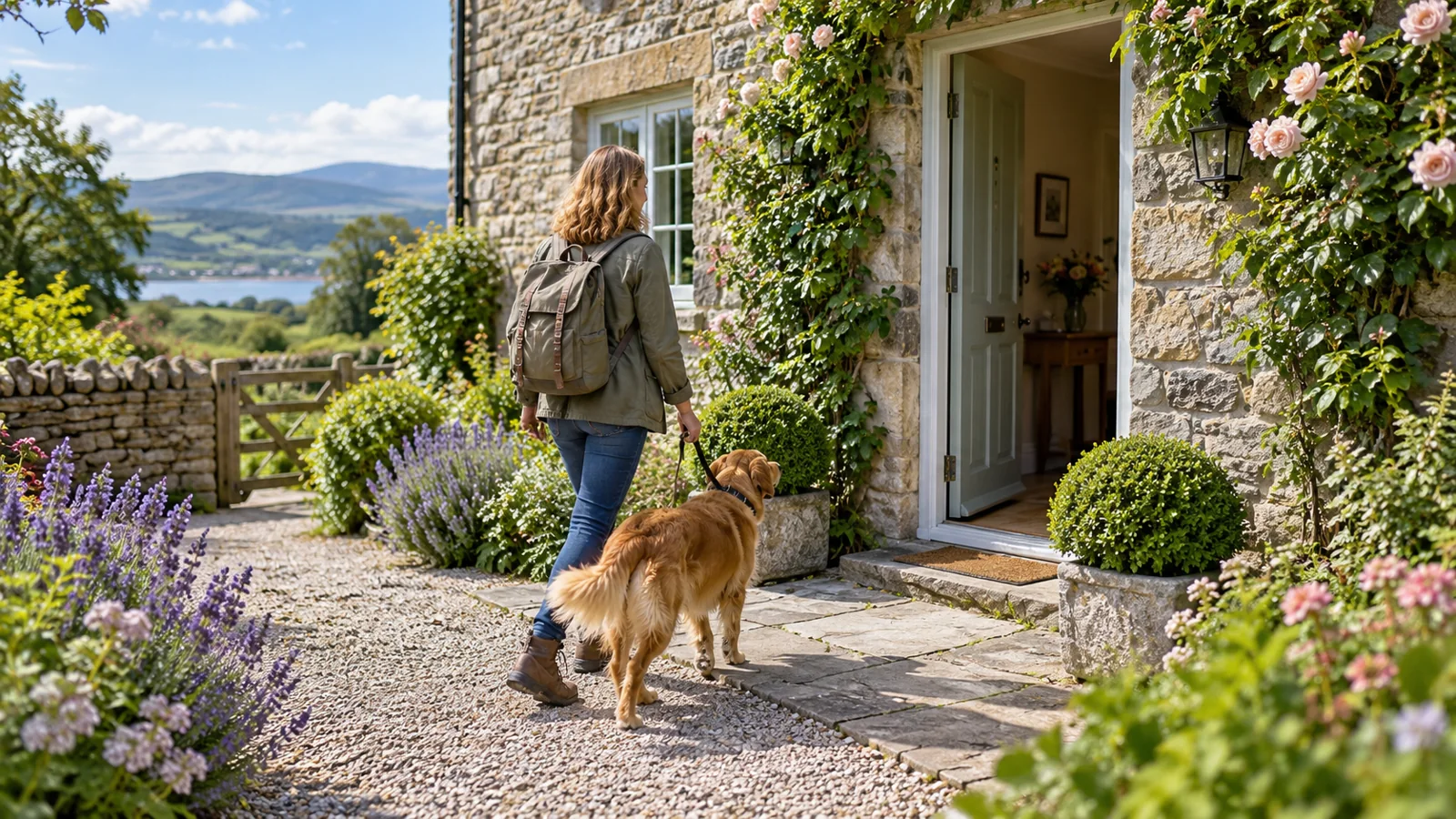 Dog and owner arriving at a country cottage — illustrative image