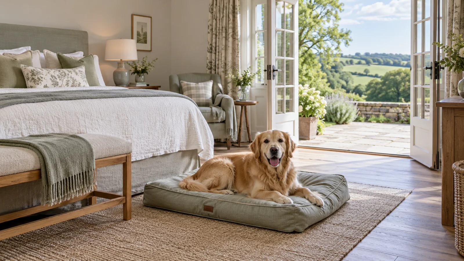 Dog resting on its own mat in a bright guest room — illustrative image