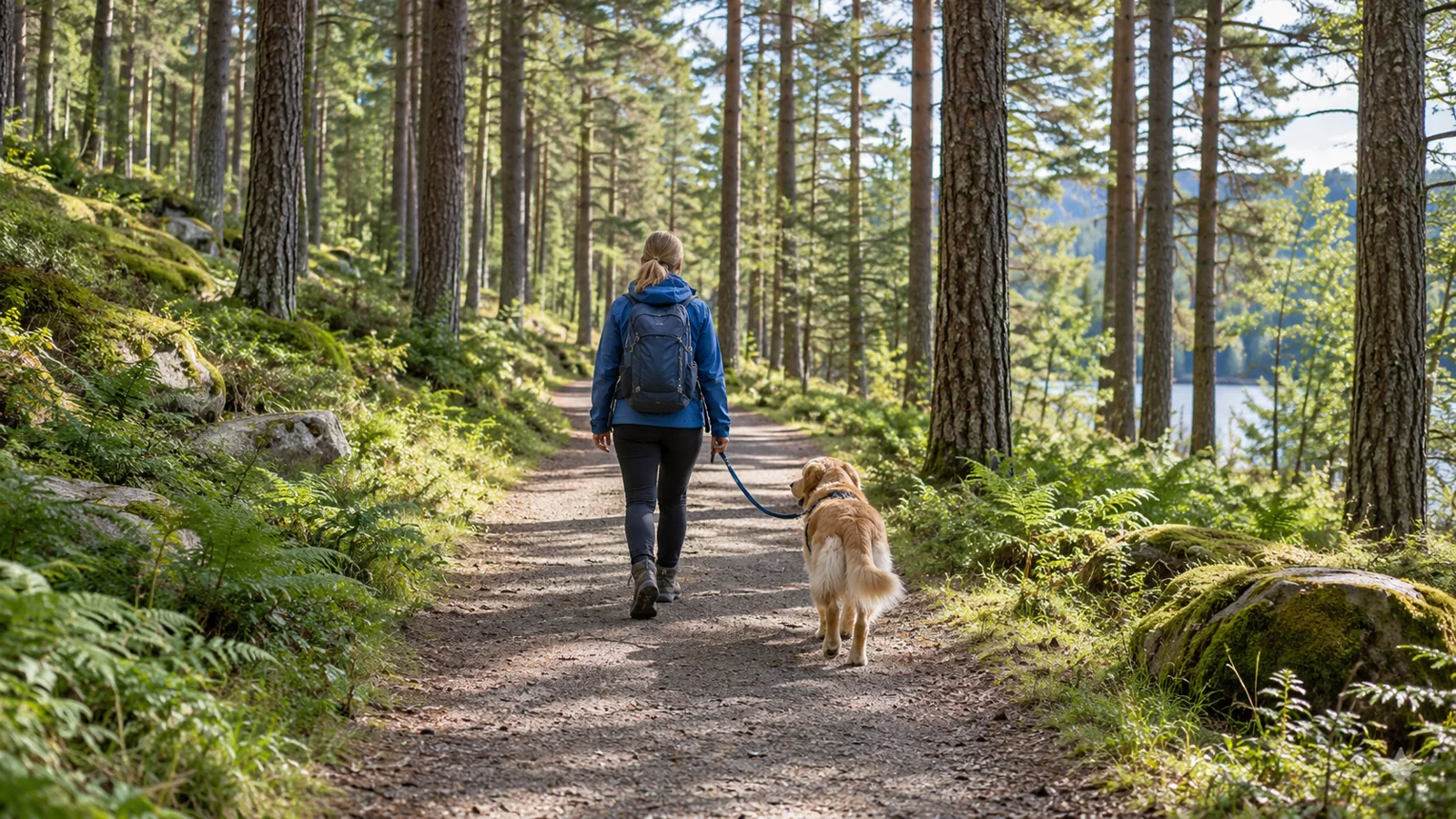 Dog and owner on a woodland trail — illustrative image