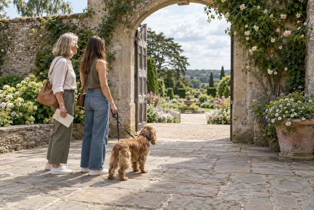 Owner and dog near the entrance to a garden attraction — illustrative image