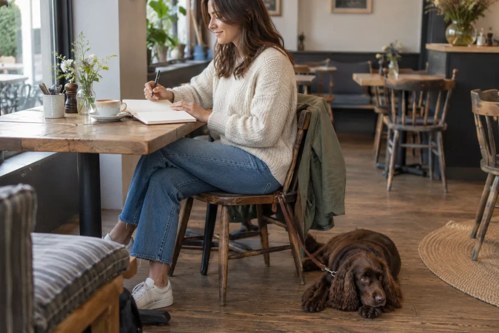 Spaniel resting beside its owner at a cafe table with a notebook — illustrative image