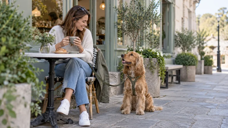 Dog and owner beside a leafy cafe terrace — illustrative image