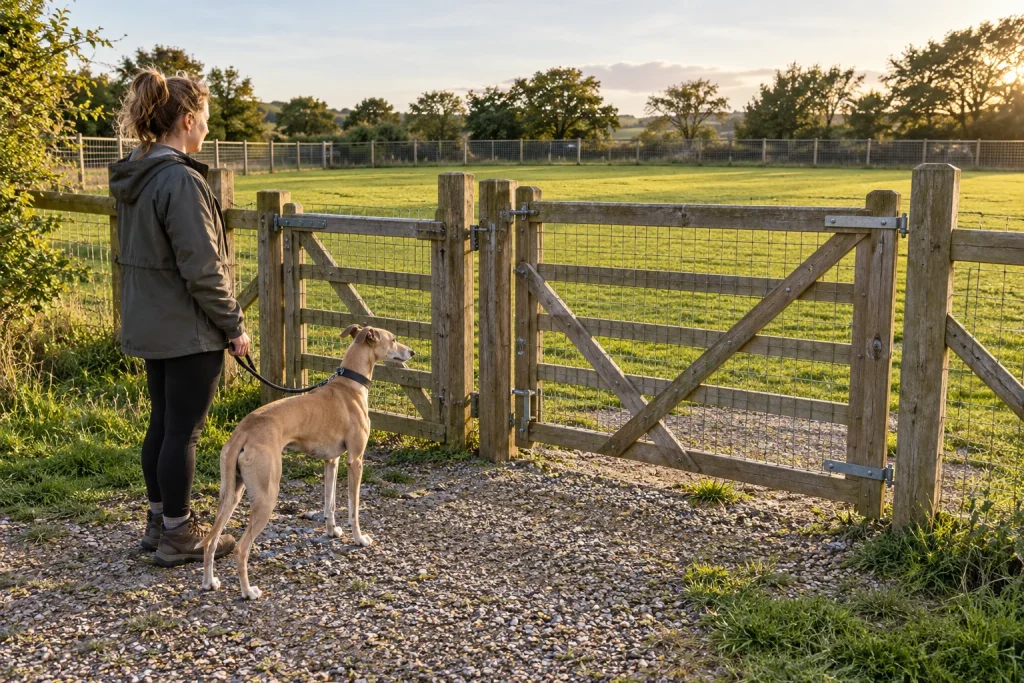 Owner and dog waiting outside an enclosed exercise field — illustrative image