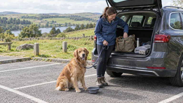 Dog on a lead beside a parked estate car and packed travel kit — illustrative image