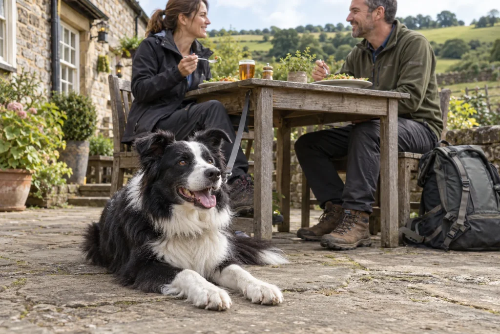 Dog and owner taking a cafe break after a countryside walk — illustrative image