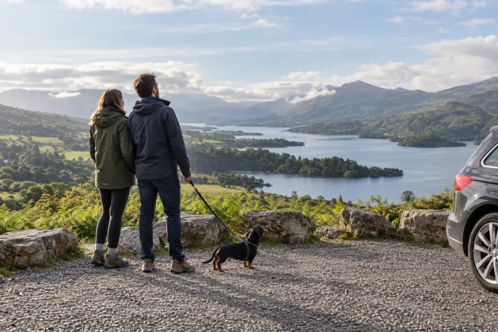 Dog and owner overlooking a broad British landscape on a road trip — illustrative image