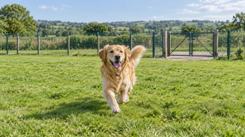 Dog exploring a fenced exercise field — illustrative image