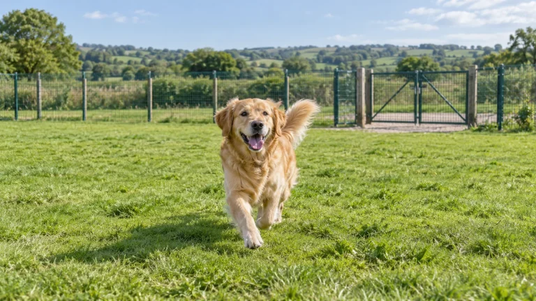 Dog exploring a fenced exercise field — illustrative image