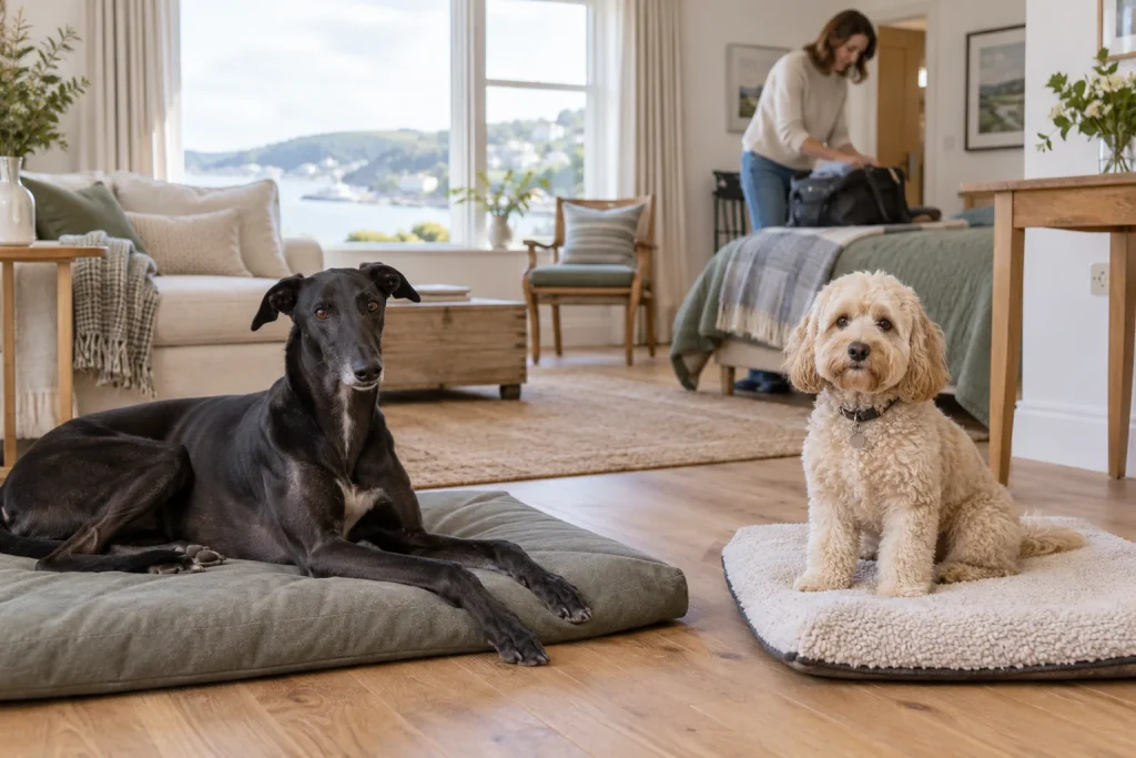 Greyhound and cockapoo on separate mats in a holiday apartment — illustrative image